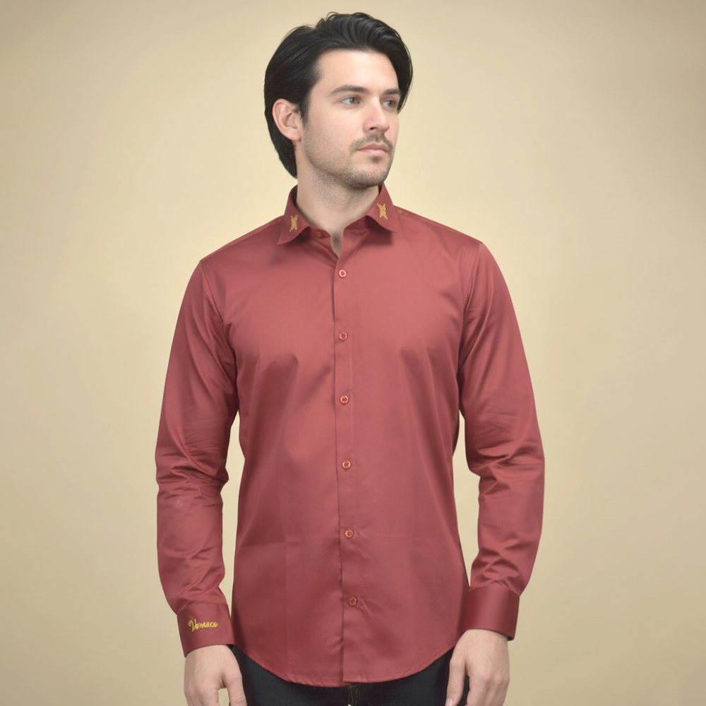 Versace Embroidered Wine Premium Cotton Shirt-thumb-1