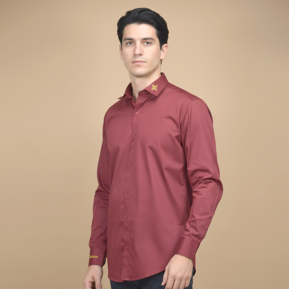 Versace Embroidered Wine Premium Cotton Shirt-thumb-0