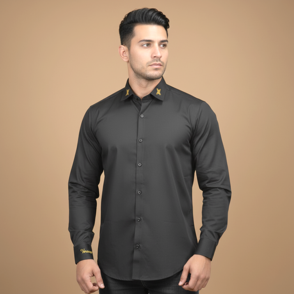 Versace Embroidered Black Premium Cotton Shirt-thumb-1