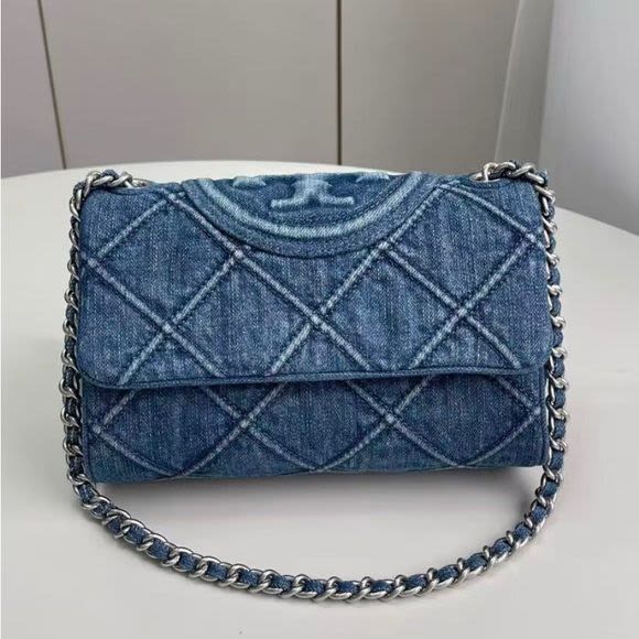 Tory Burch Fleming Soft Blue Denim Satchel Sling Bag-1