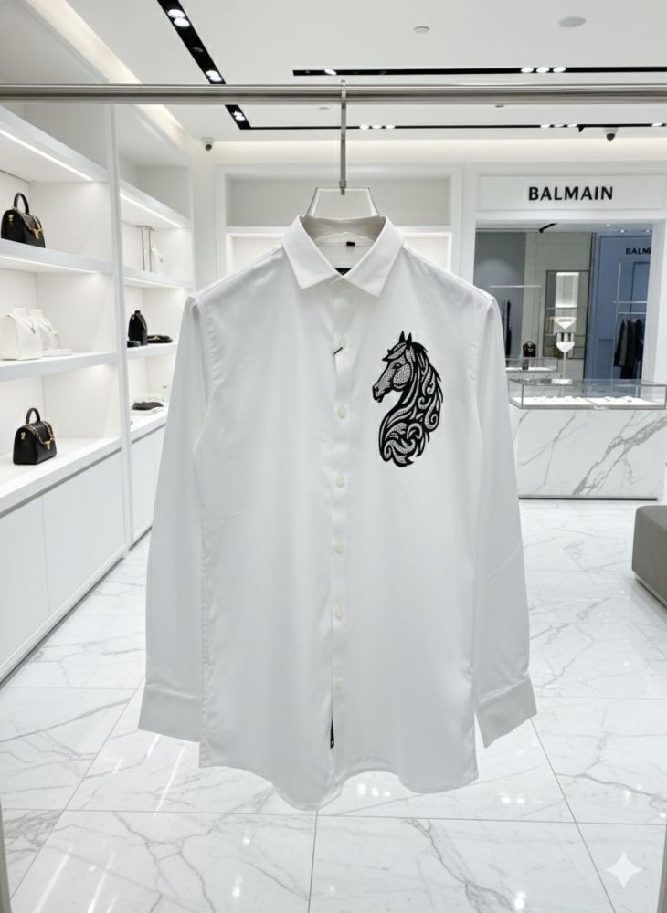 Balmain Embroidered White Horse Printed Premium Cotton Shirt-1