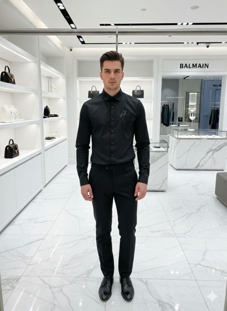 Balmain Embroidered Black Horse Printed Premium Cotton Shirt-thumb-0