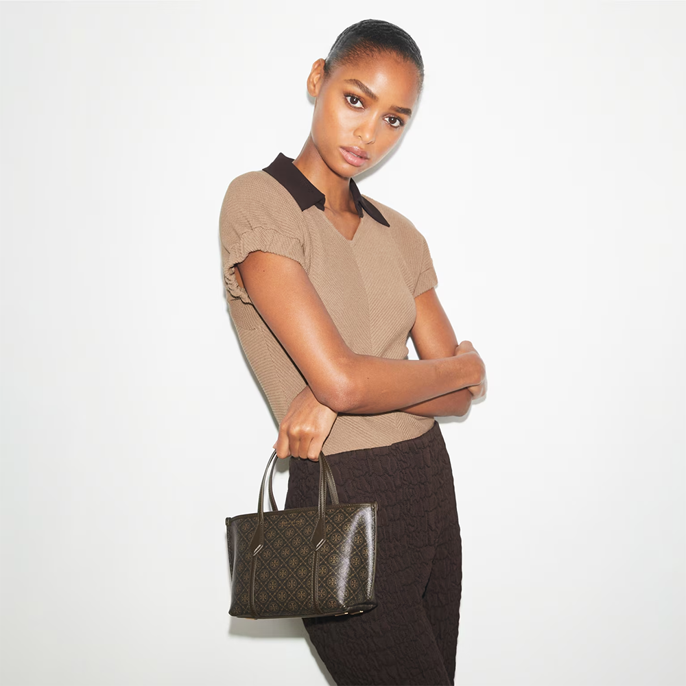 Tory Burch Perry Dark Brown Small Embossed Tote Bag-3