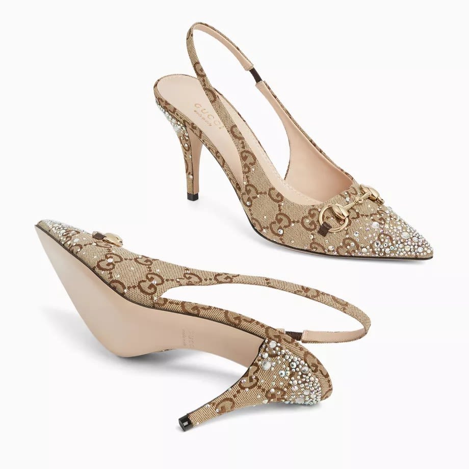 Gucci Women's Crystal Horsebit Brown Slingback Heels Sandles-2
