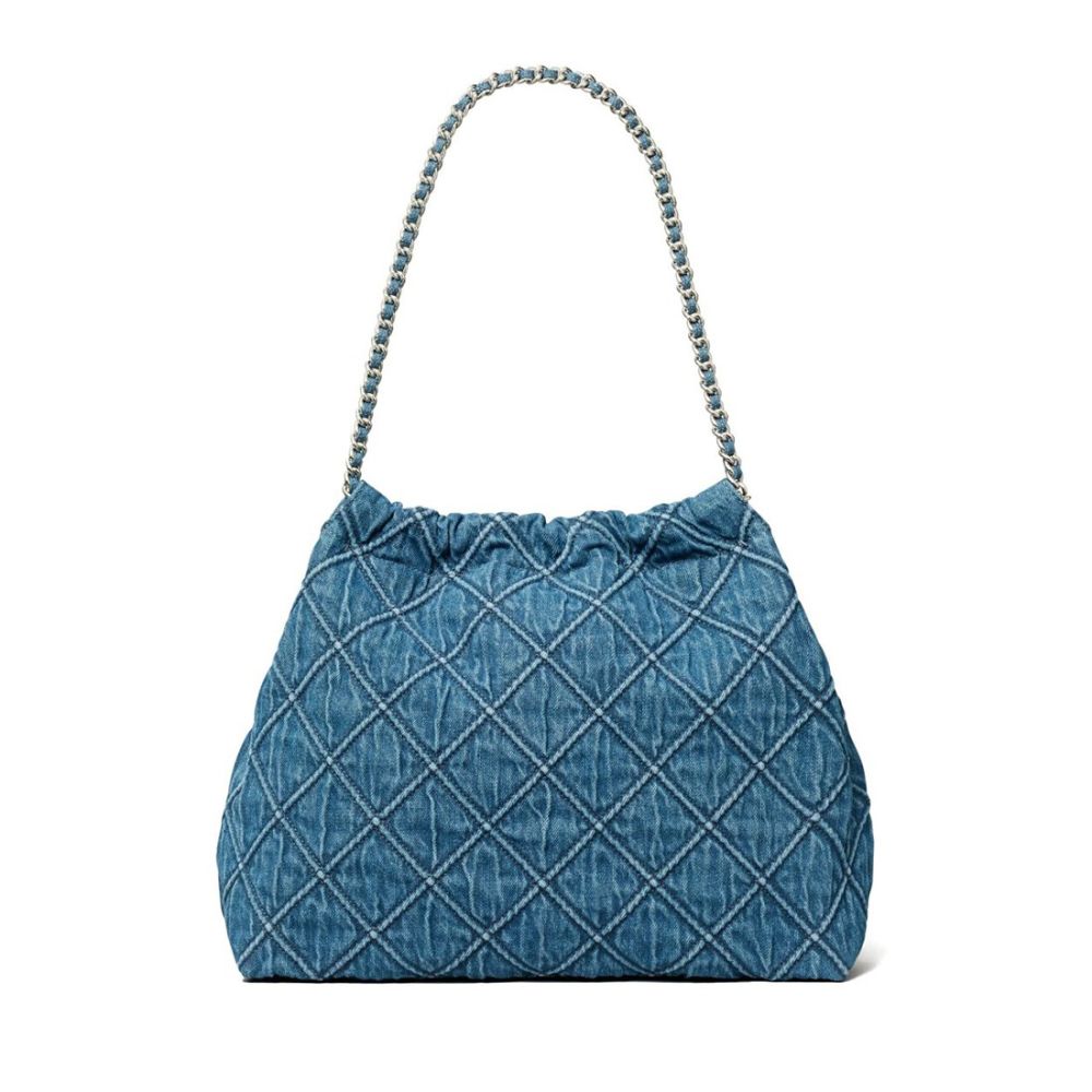 Tory Burch Fleming Blue Denim Satchel Tote Bag-thumb-2