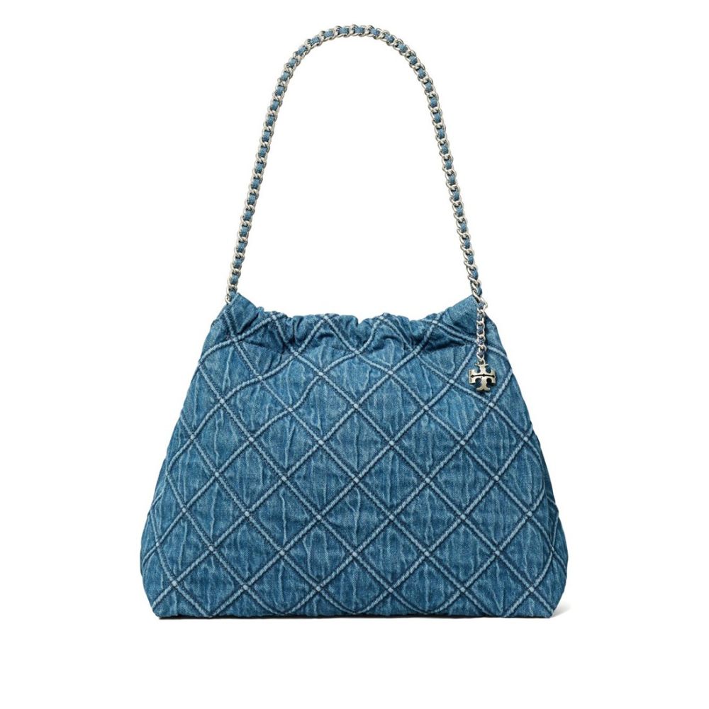 Tory Burch Fleming Blue Denim Satchel Tote Bag-thumb-0