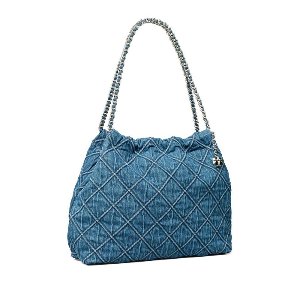 Tory Burch Fleming Blue Denim Satchel Tote Bag-thumb-1