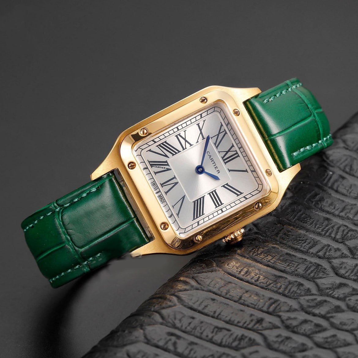 Cartier Santos Dumont quartz movement, gold, green leather Band watch WGSA0032 thumbnail 2
