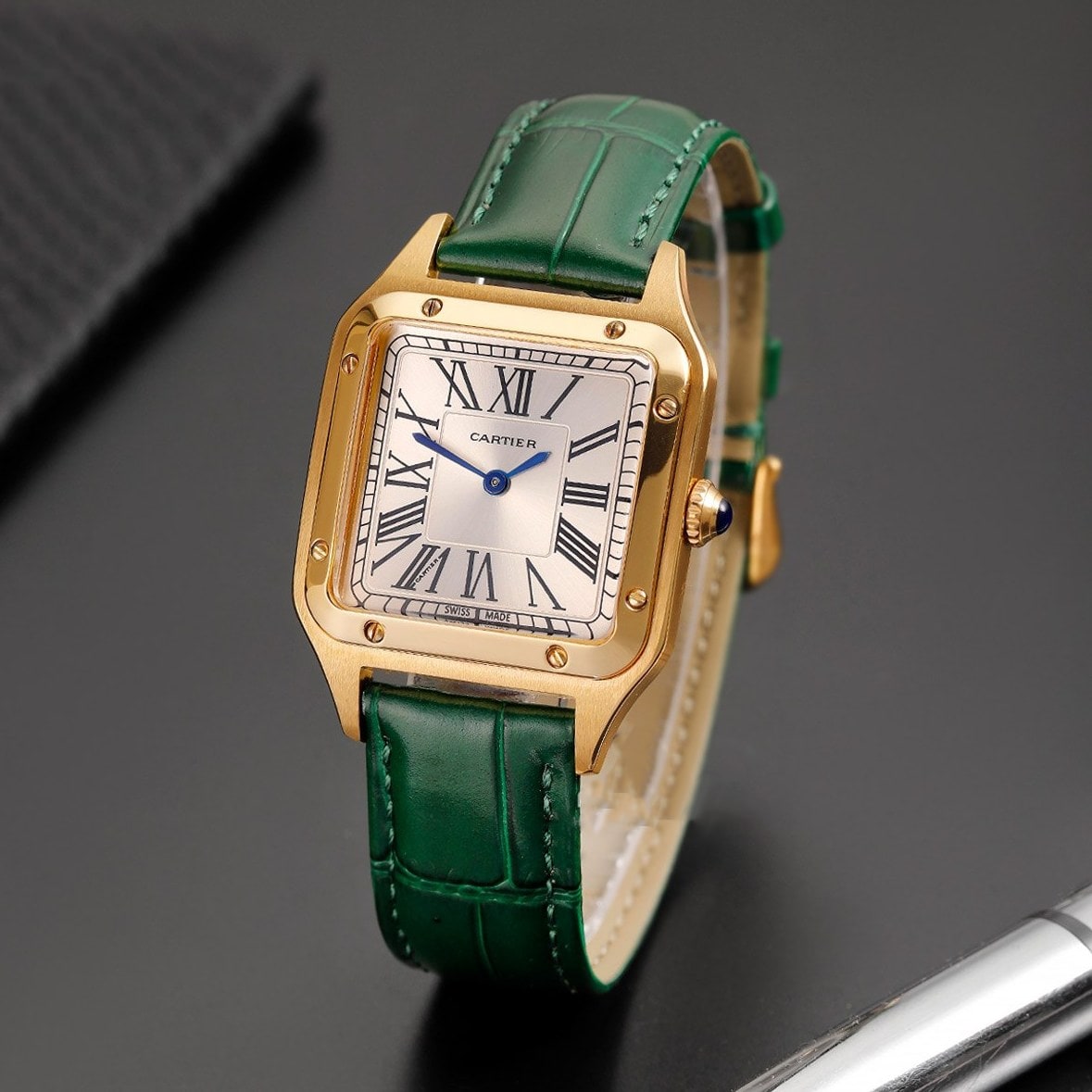 Cartier Santos Dumont quartz movement, gold, green leather Band watch WGSA0032 thumbnail 3
