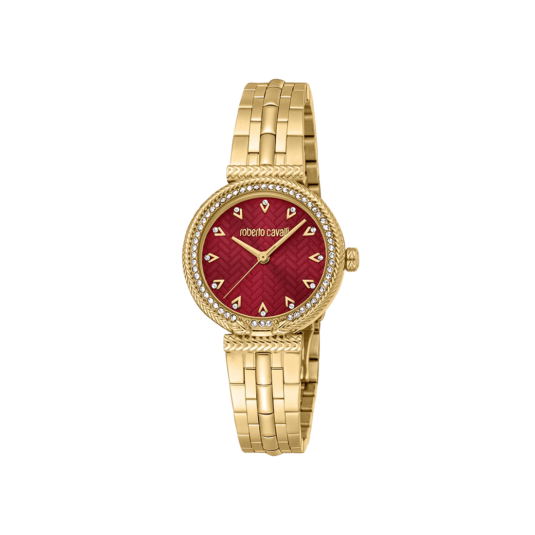 Roberto Cavalli Chiarezza Snake Core Red Dial Gold Steel Strap Watch RC5L078M0035