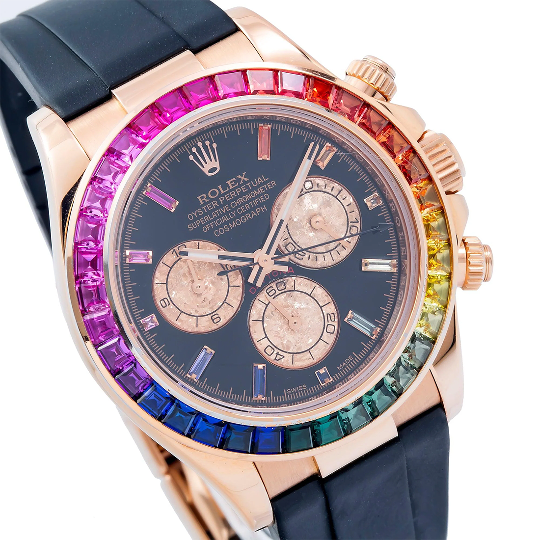 Rolex Cosmograph Daytona 116505 Black Rainbow Hour Diamond Dial Rainbow Gemstone Bezel Black Rubber Strap Watch thumbnail 4