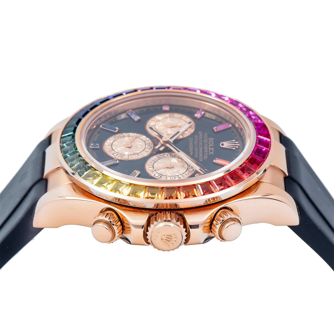 Rolex Cosmograph Daytona 116505 Black Rainbow Hour Diamond Dial Rainbow Gemstone Bezel Black Rubber Strap Watch thumbnail 3