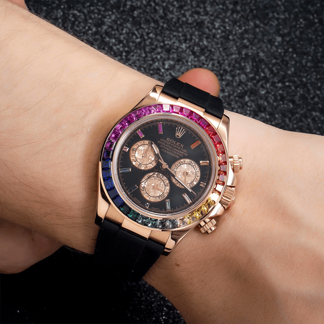 Rolex Cosmograph Daytona 116505 Black Rainbow Hour Diamond Dial Rainbow Gemstone Bezel Black Rubber Strap Watch thumbnail 5