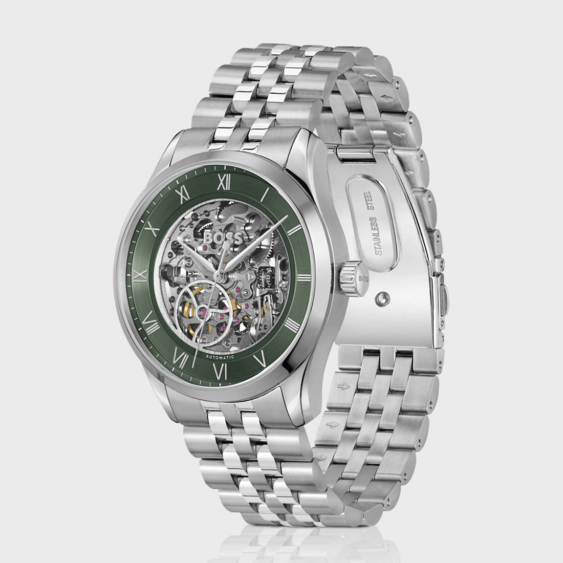 Boss Principle Skeleton Men Automatic Green Dial Analog Stainless Steel Watch 1514236 thumbnail 2