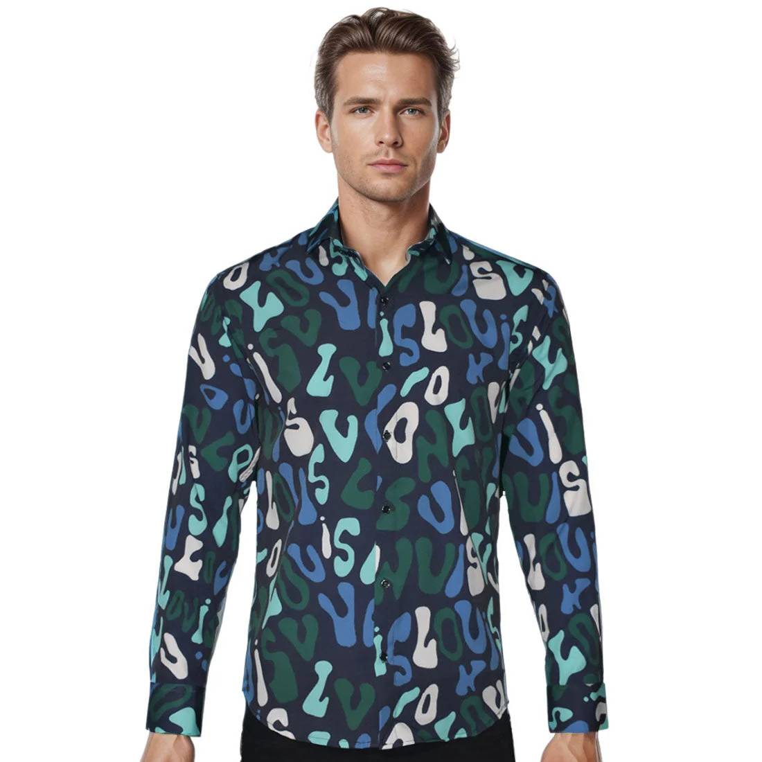 Louis Vuitton Navy Blue & Green Premium Quality Long Sleeve Shirt-0