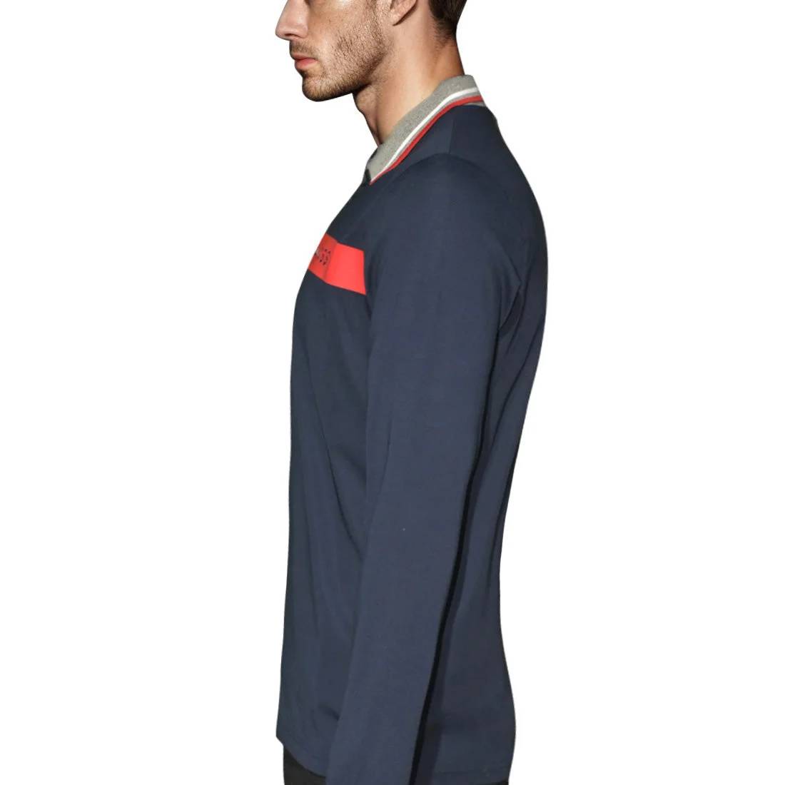 BOSS Blue Interlock Cotton Polo T-shirt with Stripe Logo-1