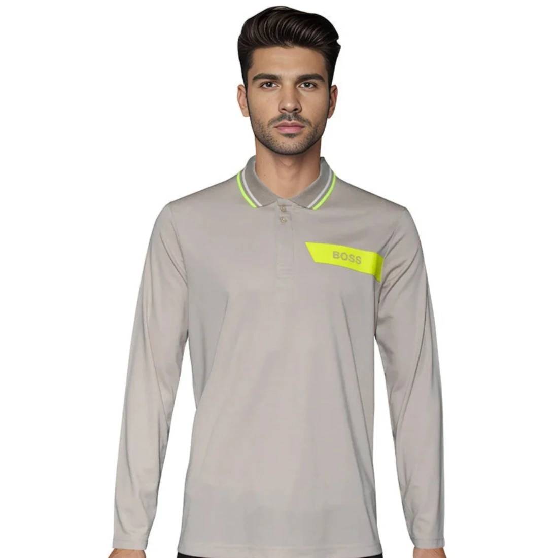 BOSS Cream Interlock Cotton Polo T-shirt with Stripe Logo-0