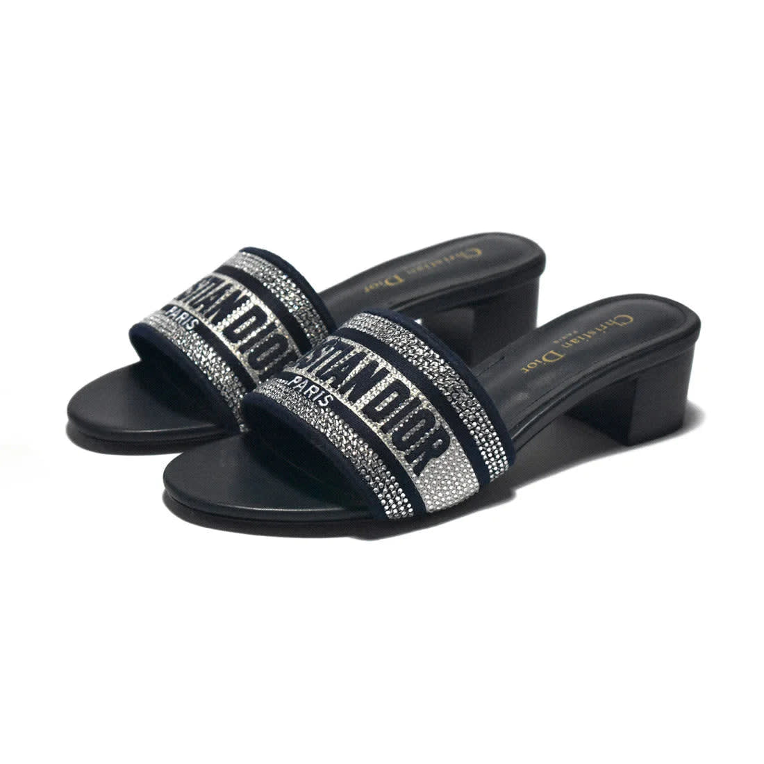 Christian Dior Silver Studded Navy Blue Heels Sandals-0