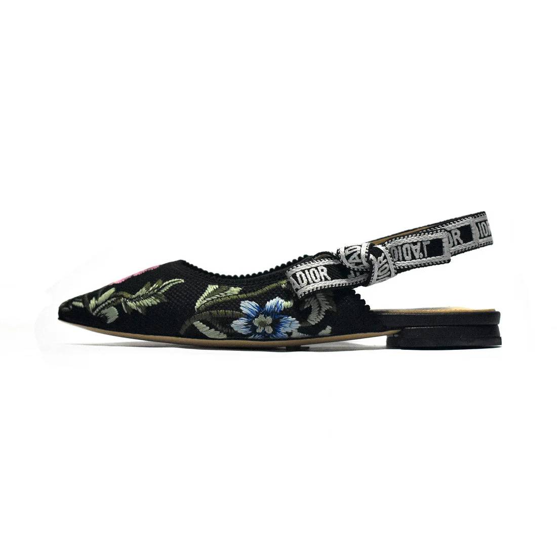 Dior Flower Printed Black Premium Quality Flat Sandals-1