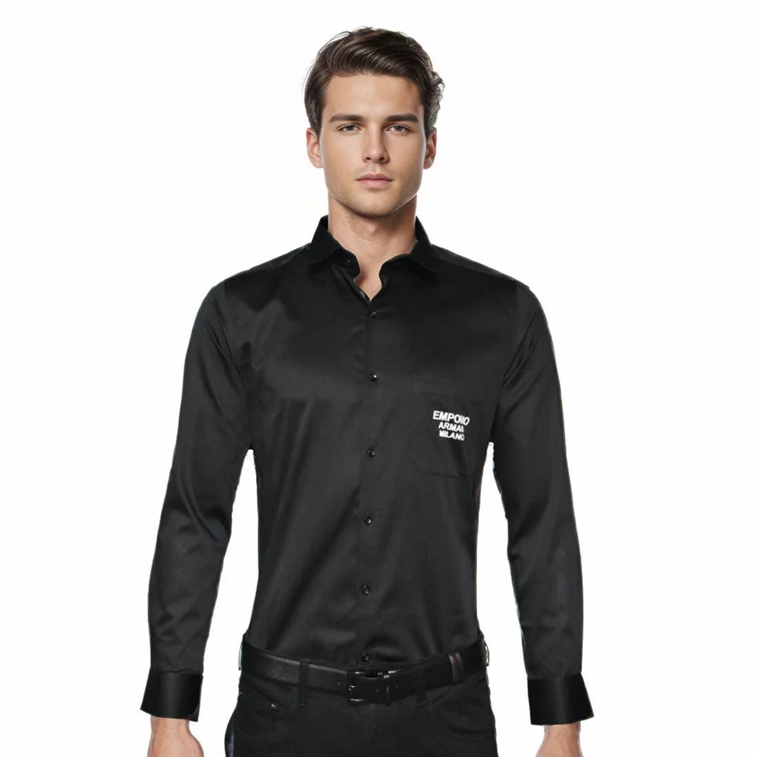 Emporio Armani Black Premium Quality Flocking Text On Pocket Shirt-0
