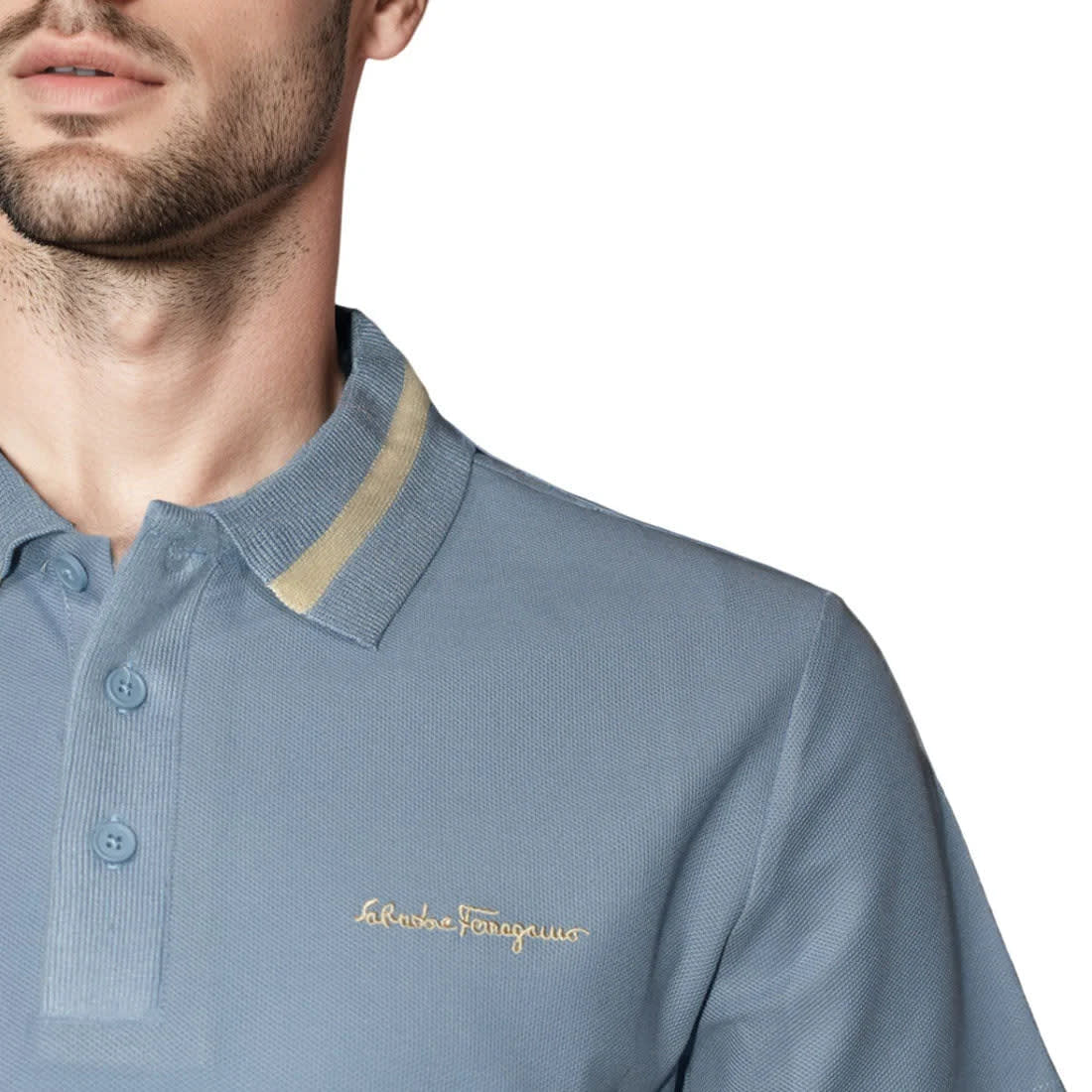 Salvatore Ferragamo Embroidered logo Sky Blue Polo T-shirt-4