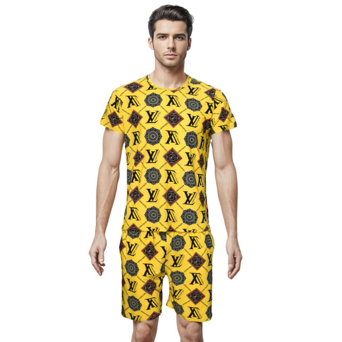 Louis Vuitton Logo Print Yellow Monogram Shirt & Shorts Combo-0