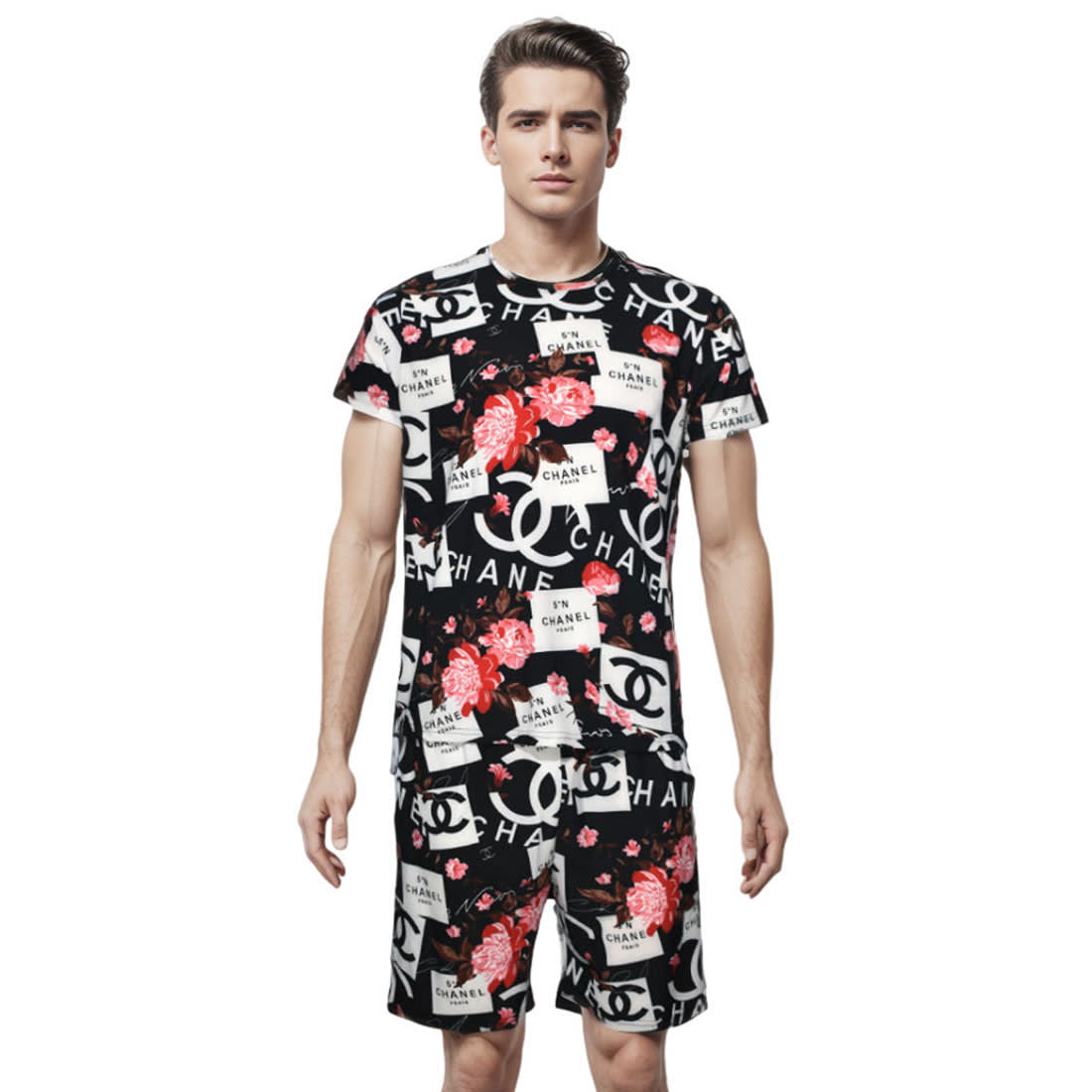 Chanel Floral Logo Print Black Premium Shirt & Shorts Combo-0