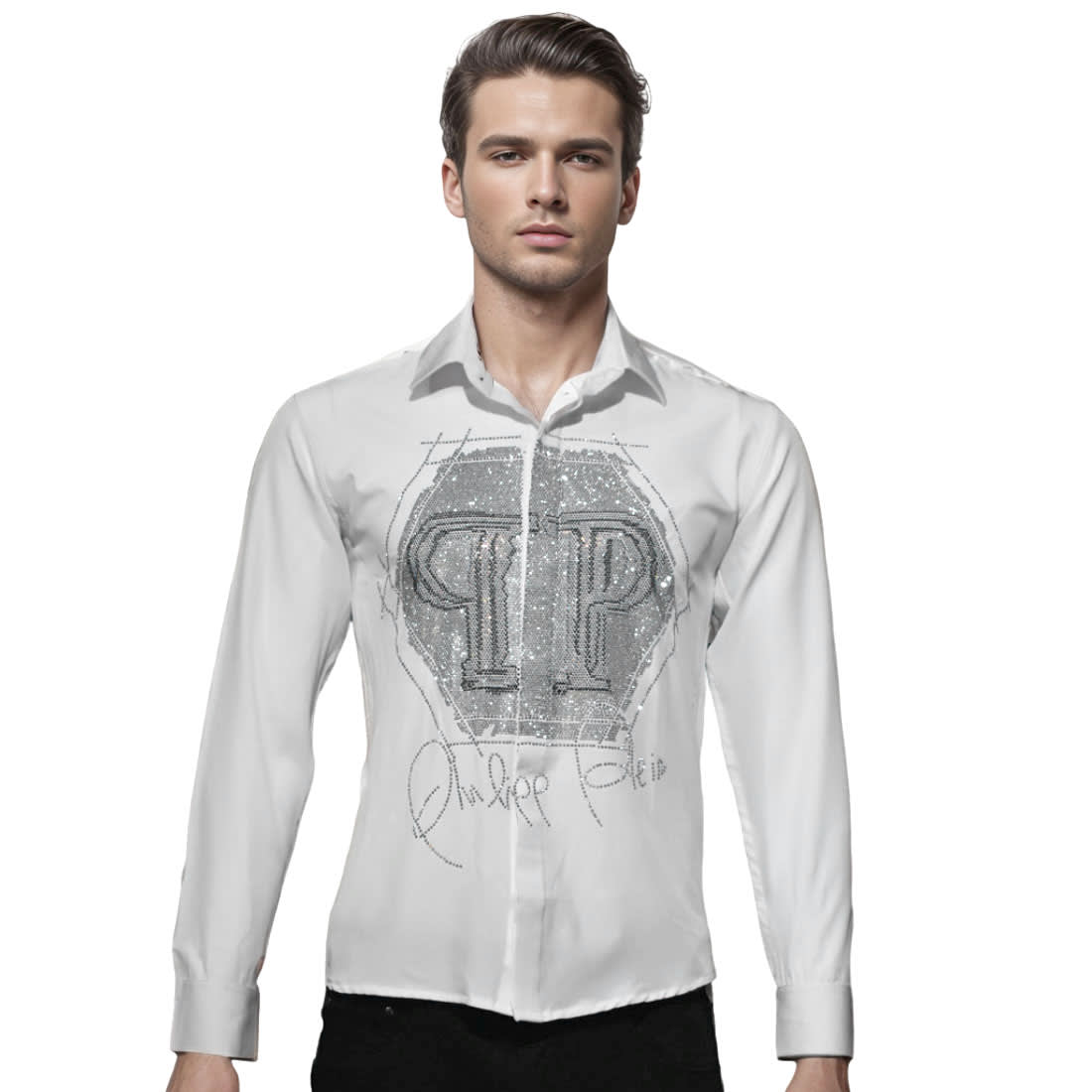 Philipp Plein White Premium Quality Glitter Stone Print Shirt-0