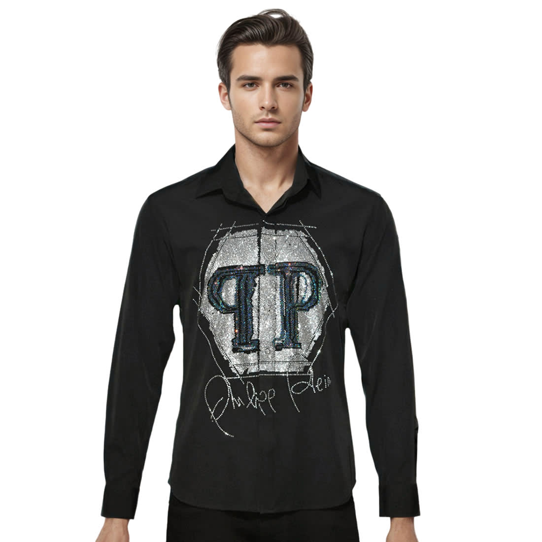 Philipp Plein Black Premium Quality Glitter Stone Print Shirt-0