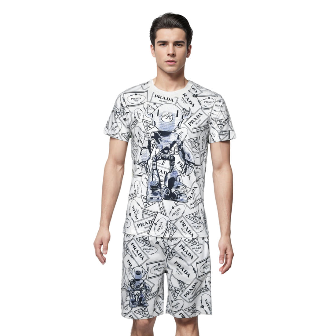 Prada White Premium Quality Short Sleeve Shirt & Shorts Combo-0