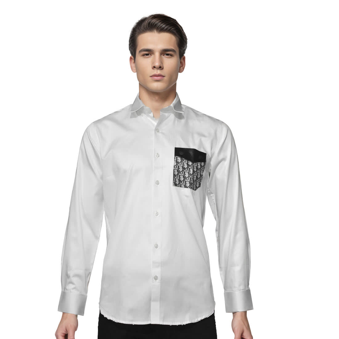 Dior White Oblique Pattern Pocket Logo Shirt-7