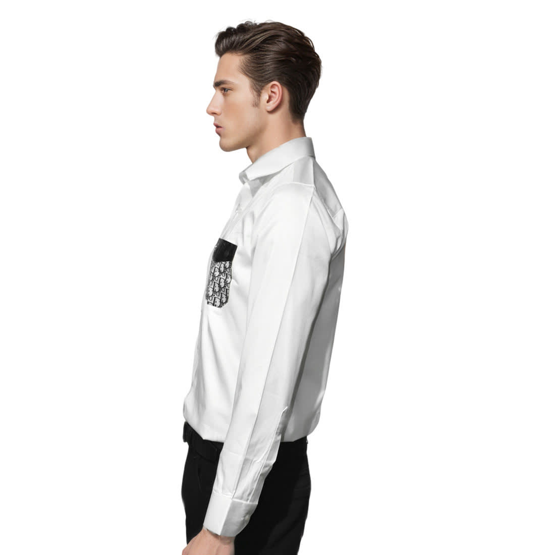 Dior White Oblique Pattern Pocket Logo Shirt-2