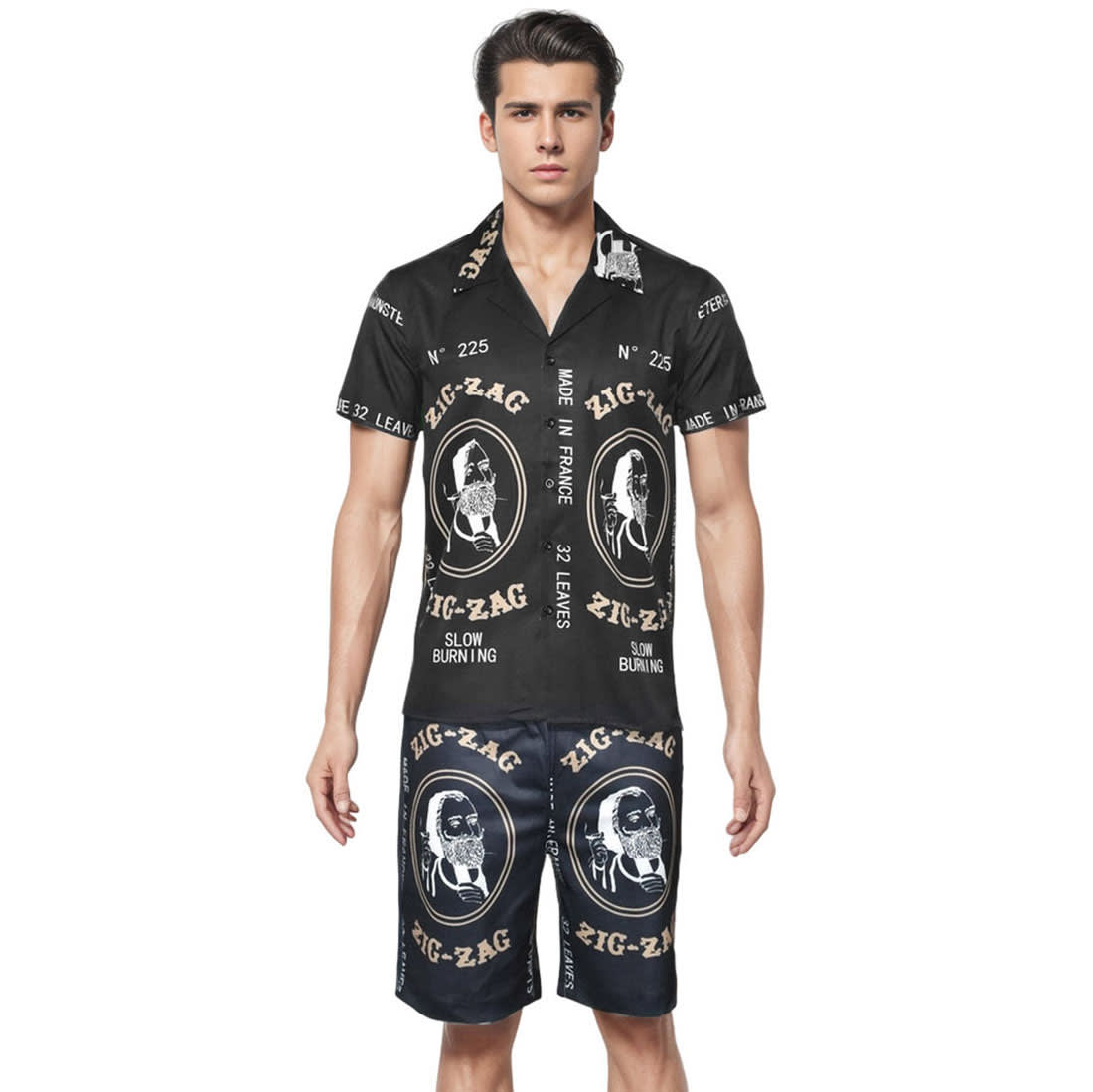 Amiri Zig Zag Print Black Silk Bowling Shirt & Shorts Combo-0