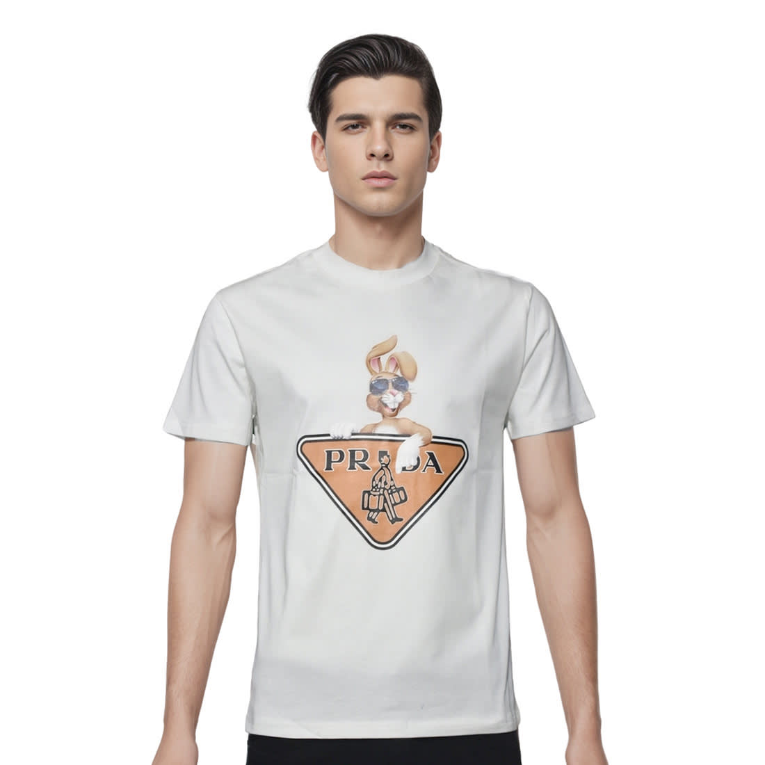 Prada White Logo Attach Bunny Print Premium T-shirt-0