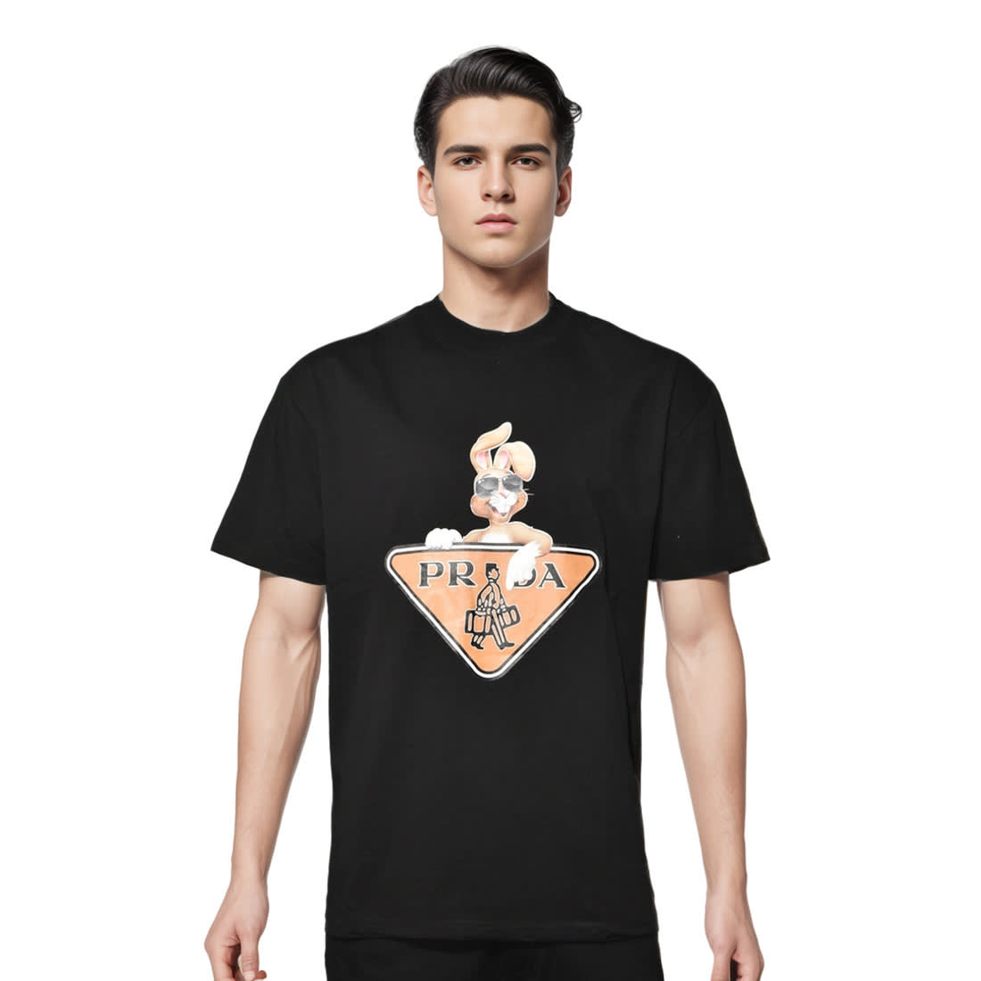 Prada Black Logo Attach Bunny Print Premium T-shirt-0