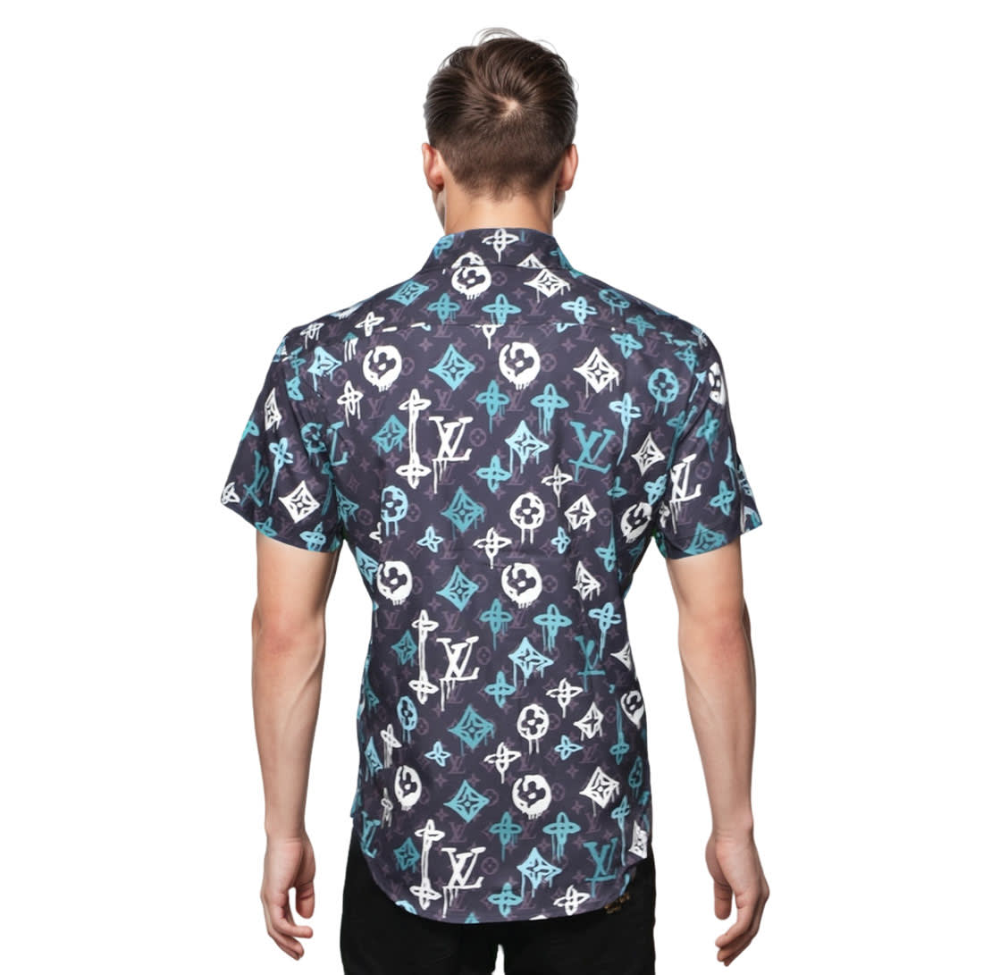 Louis Vuitton Sky Blue & Black Premium Quality Half Sleeve Shirt-1