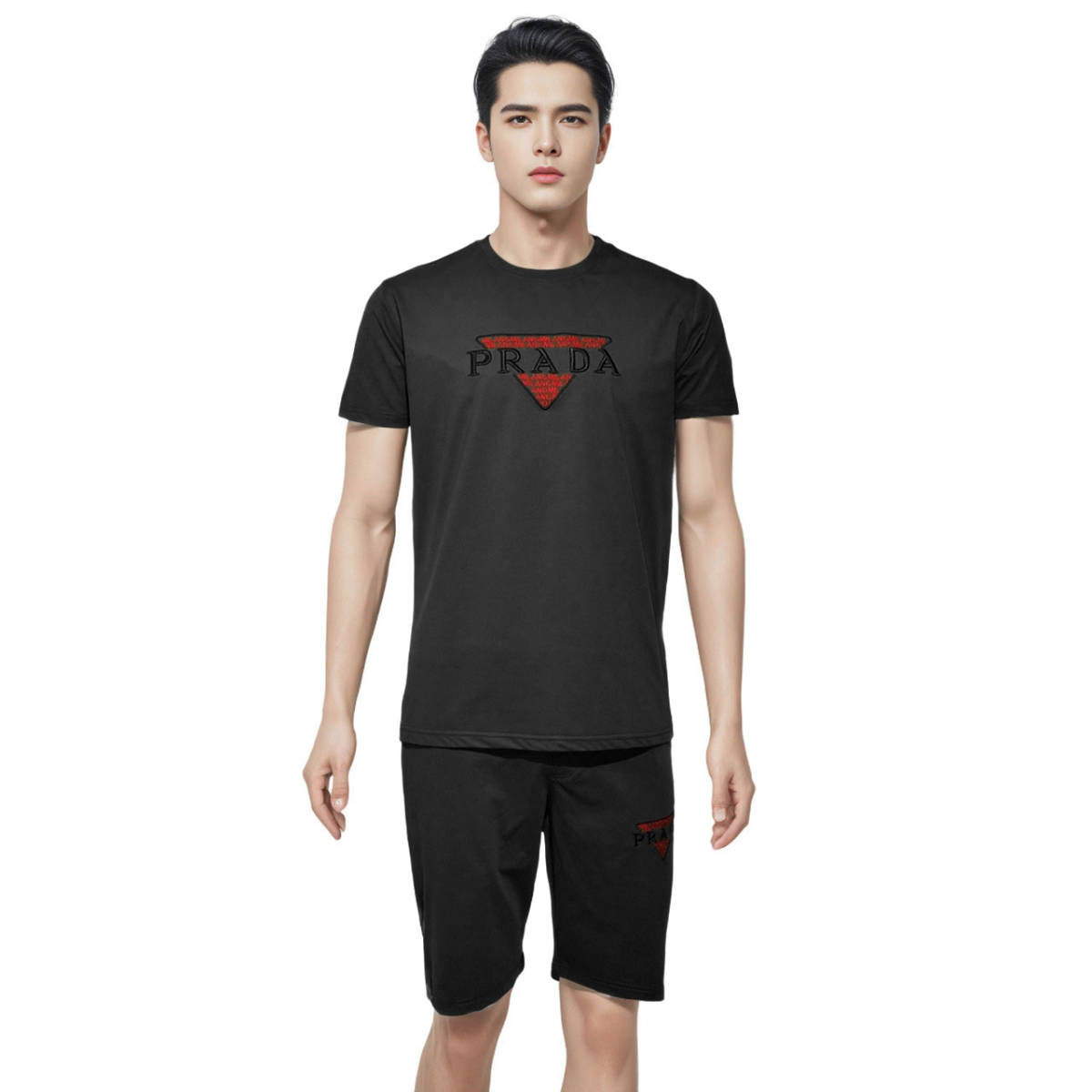 Prada Embroidered Black Premium T-shirt & Shorts Combo-0