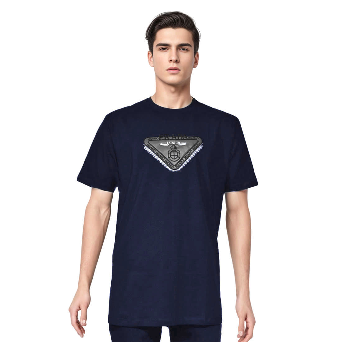 Prada Embroidered logo Navy Blue Cotton T-shirt-0