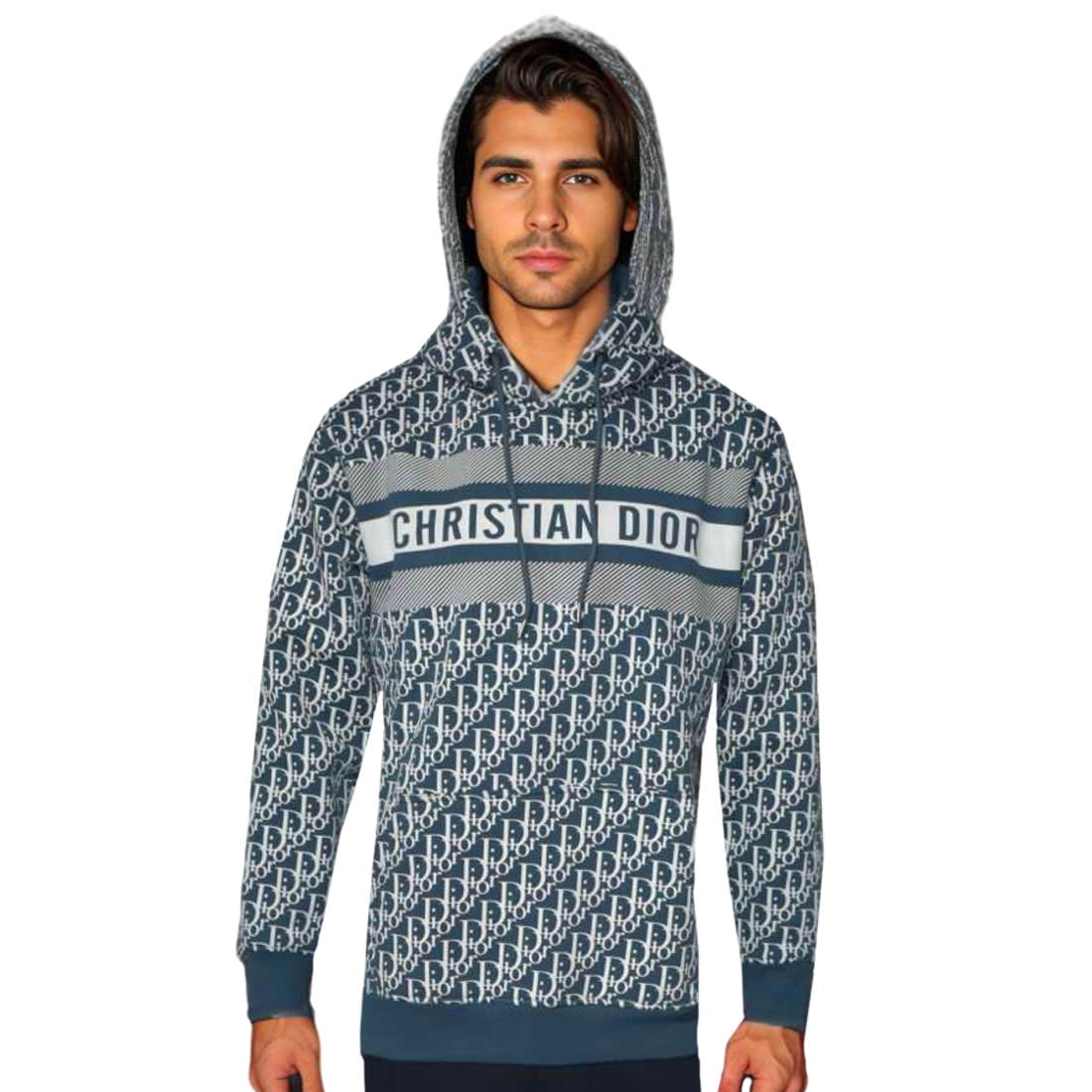 Dior Blue Monogram Printed Premium Hoodie-0