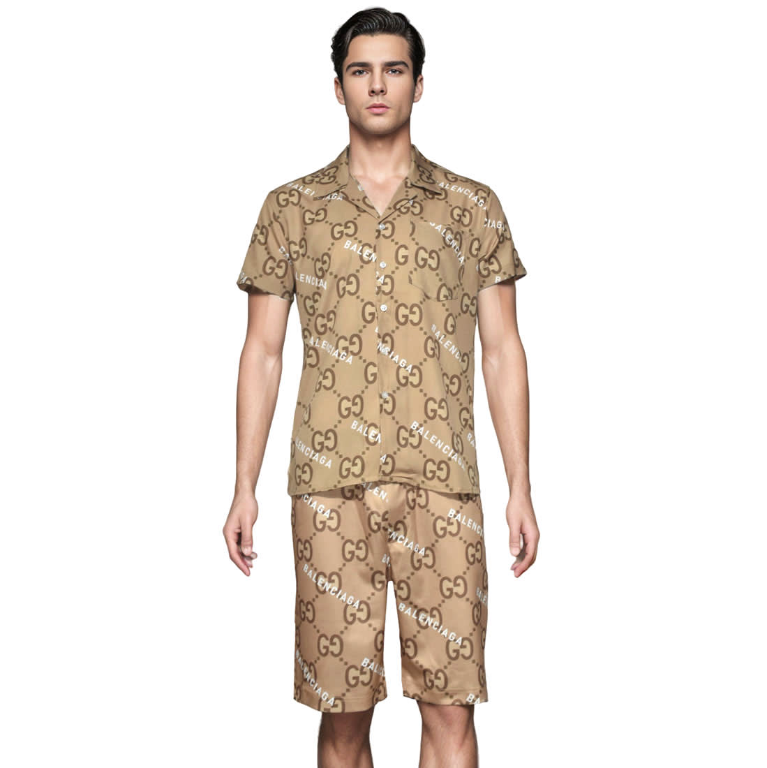 Gucci Brown Premium Quality Men's Logo-Print Short Sleeve Shirt & Shorts Combo-0