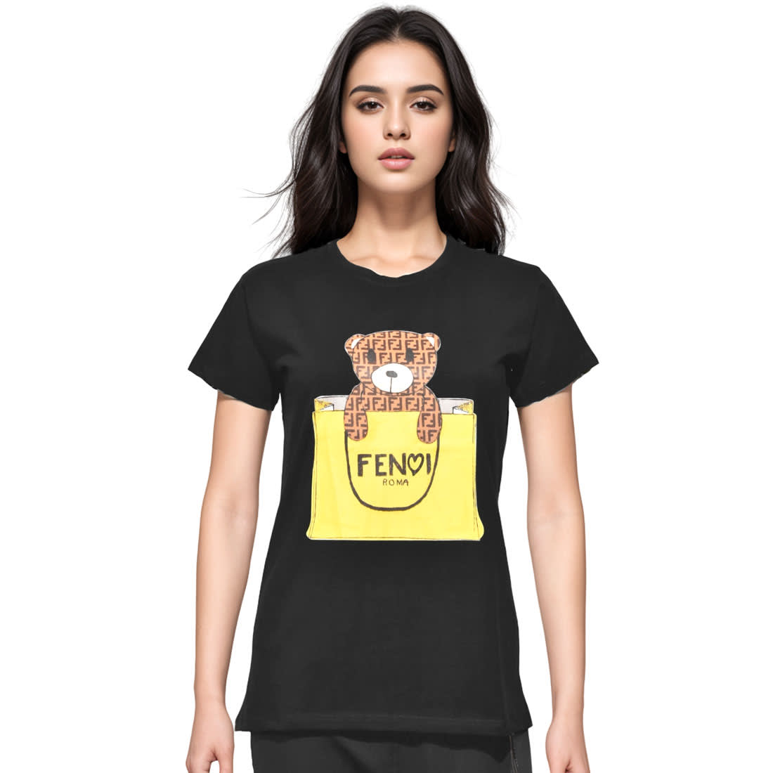 Fendi Bear Print Black Premium Women T-shirt-0