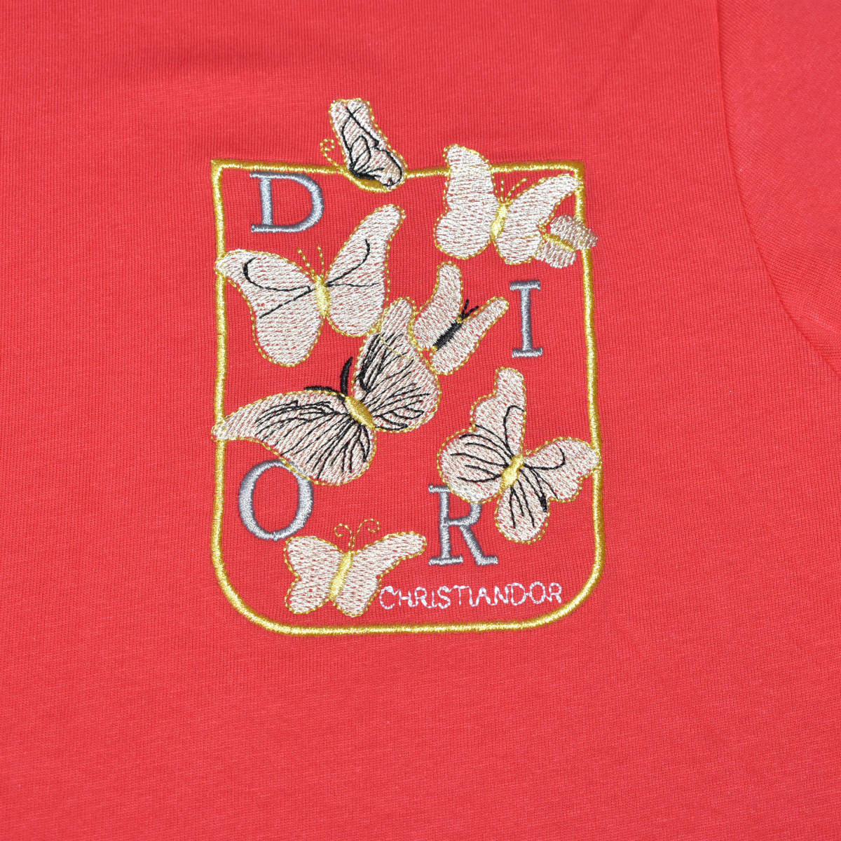Dior Butterfly Embroidery Pocket Red T-shirt-3