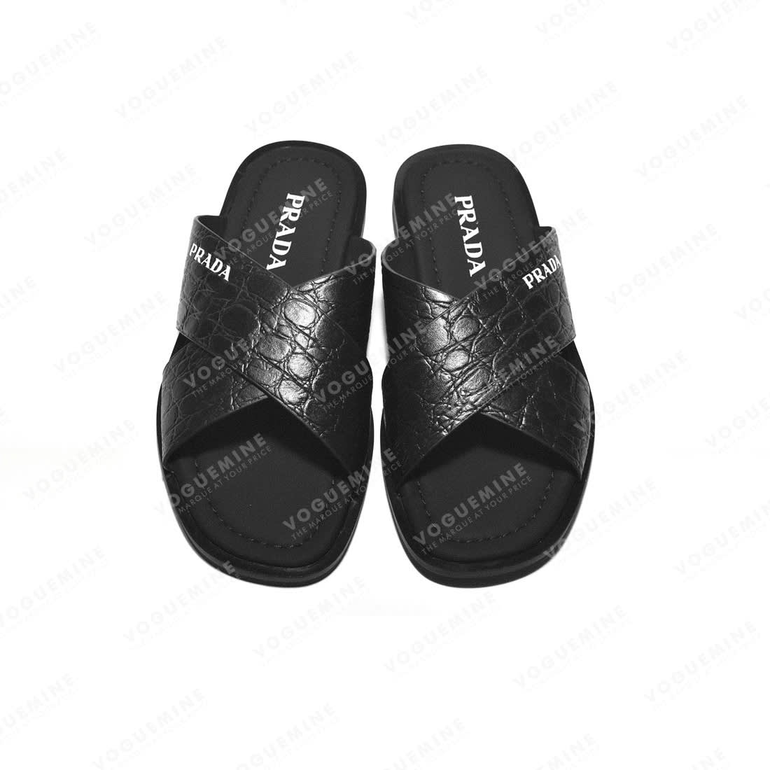 Prada Black Croc-embossed Crisscross Flip-flops-3