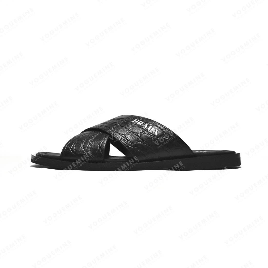 Prada Black Croc-embossed Crisscross Flip-flops-1