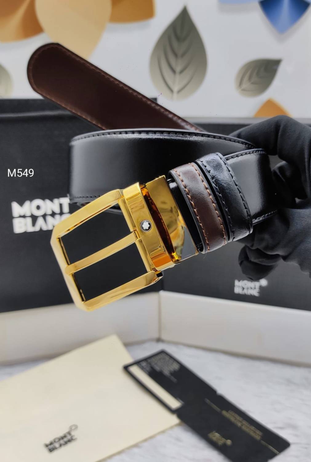 Mont Blanc Golden & Brown Premium Quality Leather Belt-0