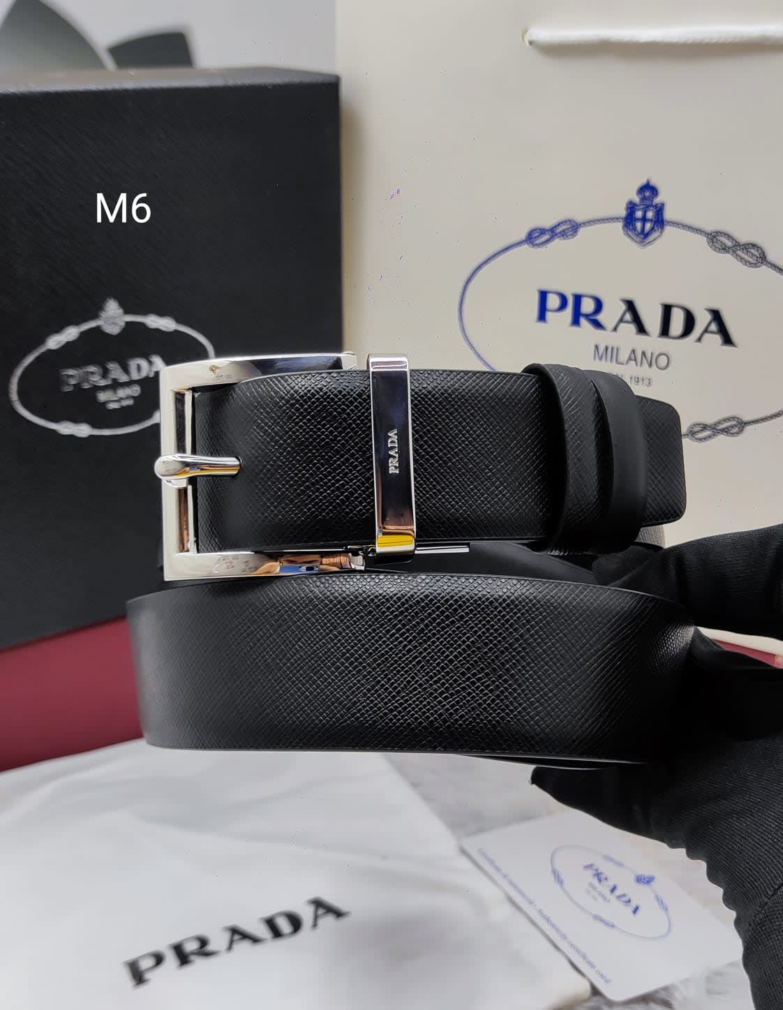 Prada Black & Silver Premium Quality Leather Belt-0
