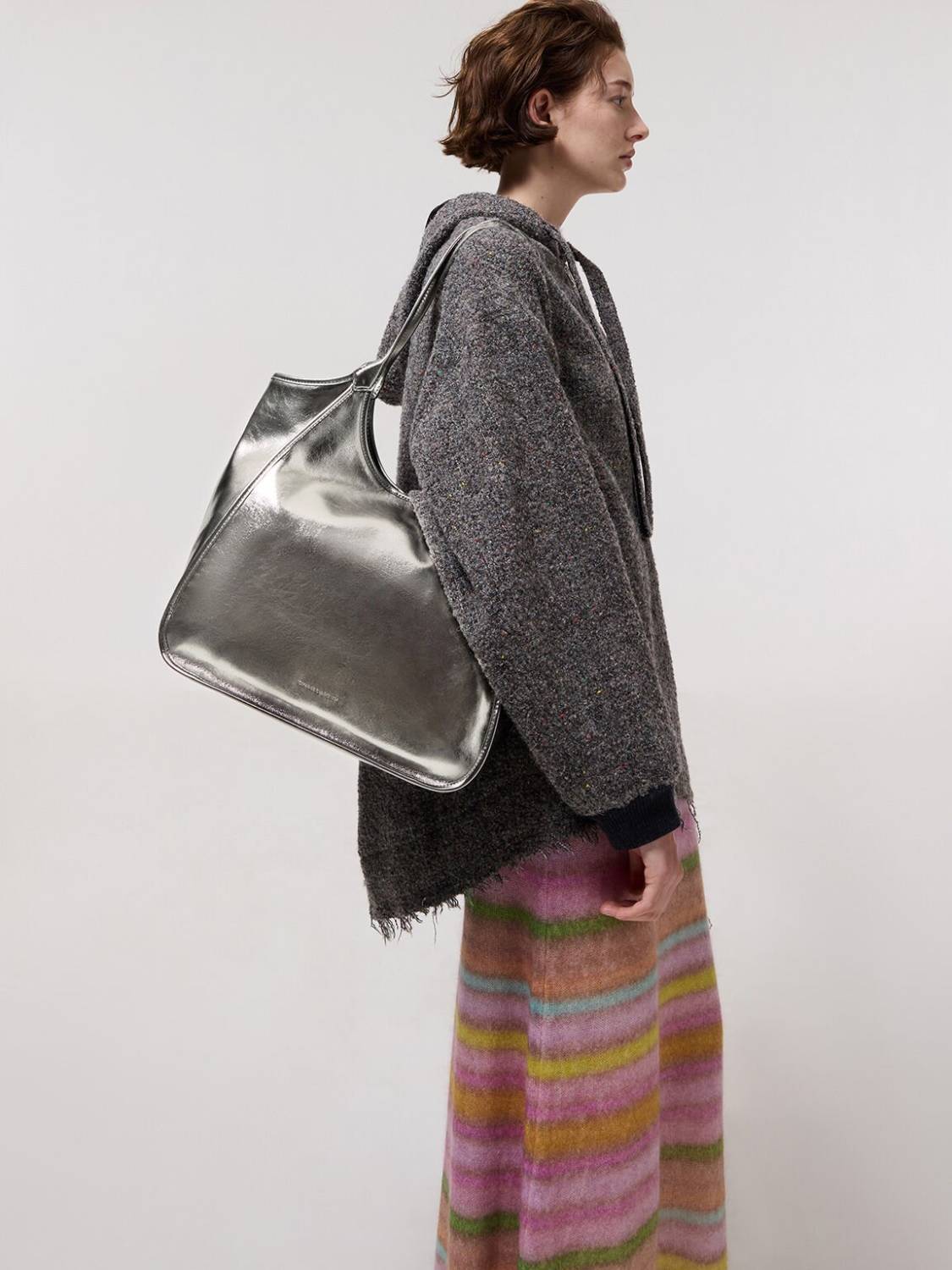 Charles & Keith Sianna Crinkle-Effect Slouchy Grey Tote Bag-5