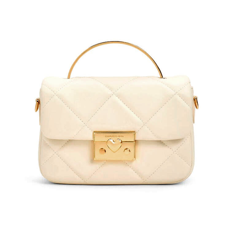 Charles & Keith Quilted Boxy Top Cream Handle Bag-0