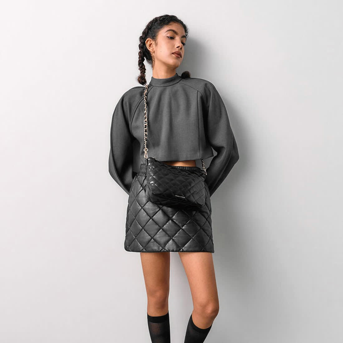 Charles & Keith  Duo Quilted Slouchy Black Hobo Bag-6