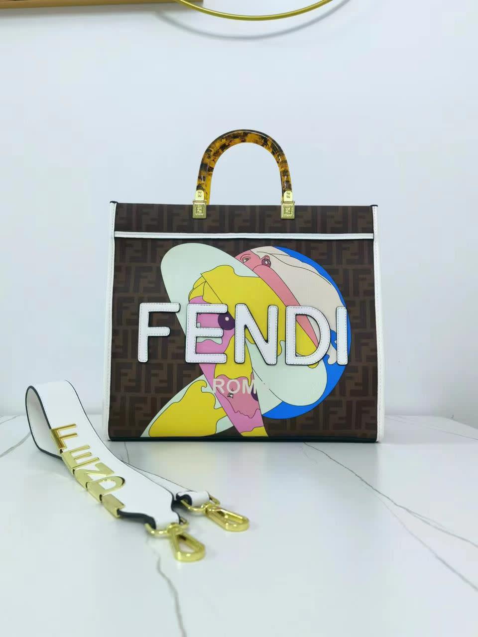 Fendi Roma Khaki Embroidery Tote Bag-0